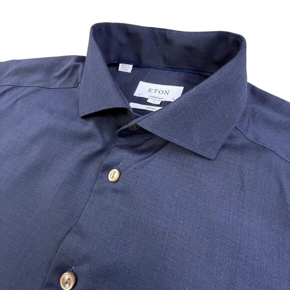 ETON Merino Wool Dress Shirt Men’s Large 16 / 41 Navy Blue Contemporary Fit NEW - Picture 1 of 12